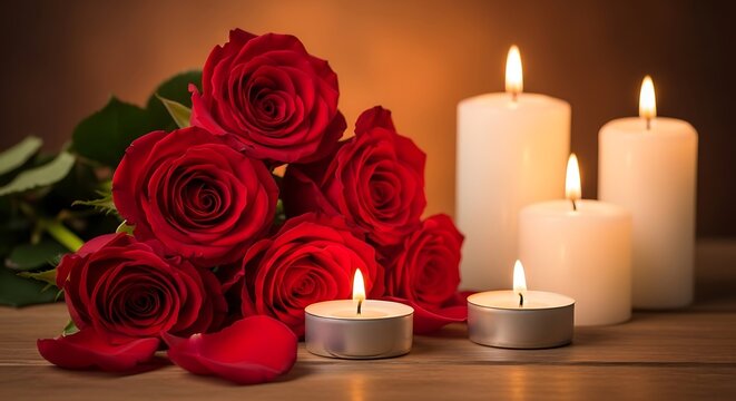 Romantic Still Life Red Roses  Burning Candles with Elegance, and Soft Light Background.