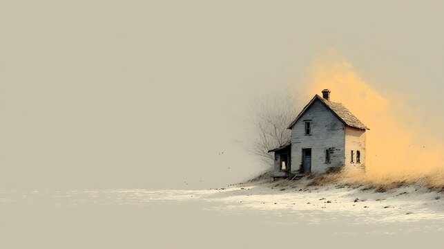 Isolated rustic wooden house on a desolate shore during golden hour with warm light and soft backg