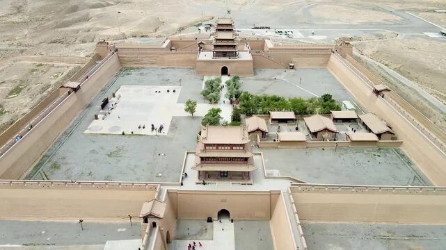 Aerial View of Jiayuguan Fort in Gansu Desert, China in Jiayuguan Fort, Gansu, China