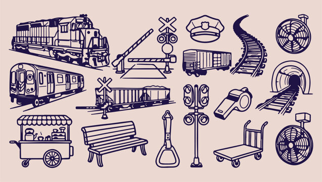 Railway train station doodle, modern urban transit sketch, minimalist locomotive journey art, clean public transport illustration, premium commuter rail vector, isolated station symbols, iconic track 