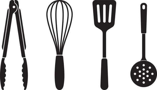 Set of kitchen utensils tongs, whisk, spatula and skimmer