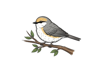 Charming small bird with yellow head perched on a leafy branch illustration. © Jepry