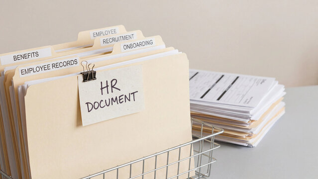 HR document management system with labeled file folders for employee records benefits recruitment and onboarding in wire desk organizer for human resources administration and compliance