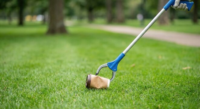 Person picking up trash with grabber tool in park