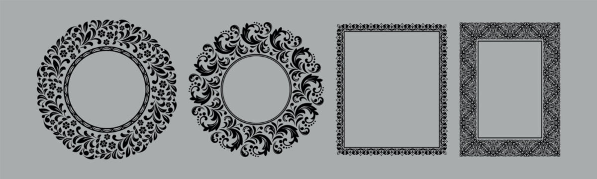 Set of decorative frames Elegant vector element for design in Eastern style, place for text. Floral black and gray frames. Lace illustration for invitations and greeting cards