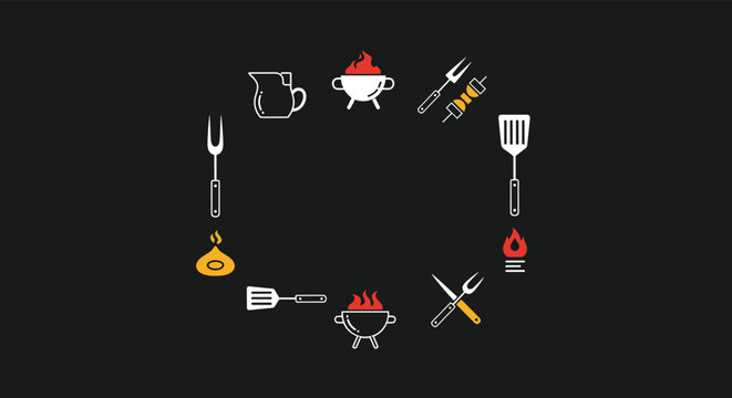 Circular arrangement of barbecue and grilling icons such as spatulas, forks, grills, and flames on a dark background.