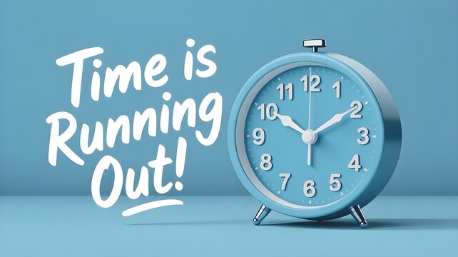 Minimalist blue alarm clock concept featuring the text time is running out set against a smooth solid pastel background representing urgency and deadlines in a modern clean professional