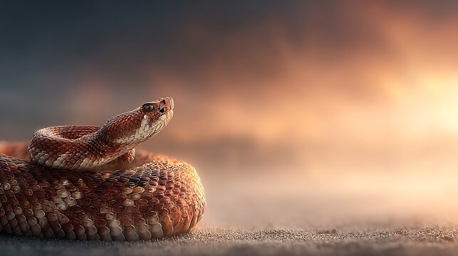 Coiled rattlesnake with textured scales in arid desert sand during golden hour sunset lighting