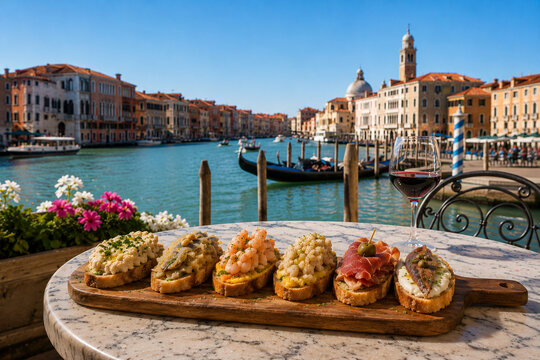 Authentic Venetian Cicchetti Selection with Red Wine at a Canal Side Caf&eacute; in Spring