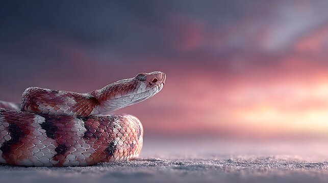 Intricate Scaled Serpent Coiled on Sandy Ground Against Soft Sunset Sky