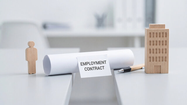 Employment contract concept with wooden figurine person building model and rolled paper document on desk for job agreement hiring and corporate human resources management
