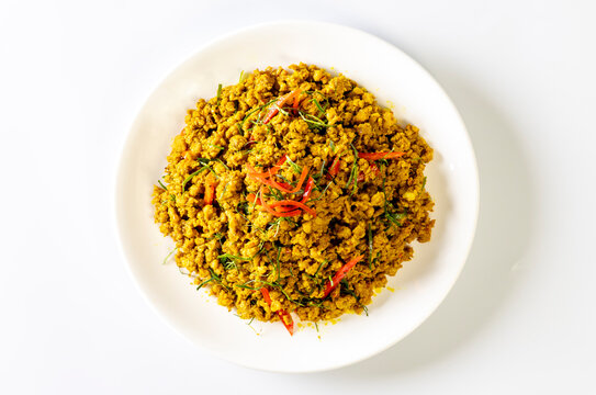 Southern Stir-Fried with Yellow Curry Paste on white background, Thai food