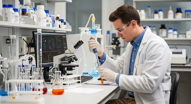 Scientist in lab analyzing liquid with pipette Research with analysis, healthcare, and science.
