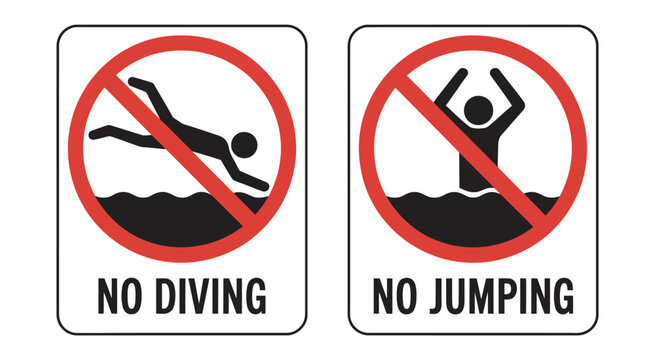 Pool Safety Prohibition Icon Set, No Diving and No Jumping Warning Signs, Hazard Prevention Vector Illustration Collection