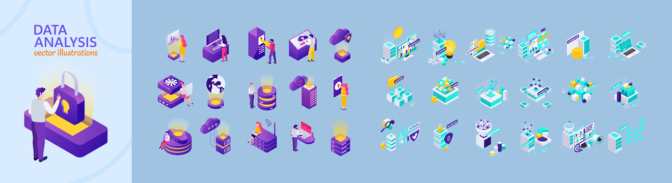Data analysis isometric icons set. Big data processing, cloud computing, cyber security, and database management vector illustrations bundle.