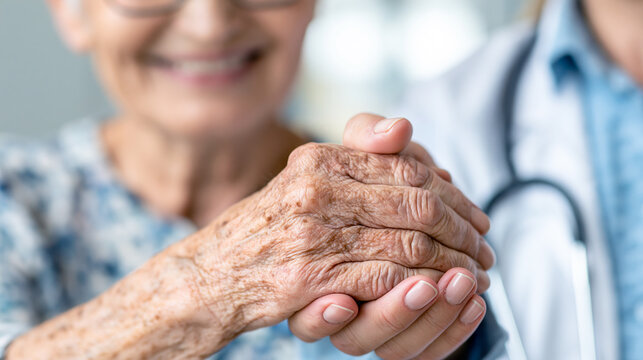 Healthcare professional gently holding senior patient's hands, providing empathy, support, and medical assistance, showing care and comfort in an aging population