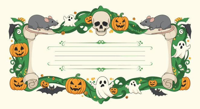Ornate Halloween border featuring a central skull flanked by pumpkins rats ghosts and bats on a decorative vine background.