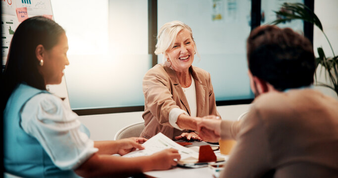 Recruitment, handshake or business people with smile in office, welcome or introduction for interview. Candidate, hr team or shake hands for hiring opportunity, congratulations or onboarding meeting