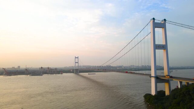 Sunset View of Jiangyin Yangtze River Bridge over the Yangtze River, Jiangsu in Jiangyin Yangtze River Bridge, Jiangsu, China