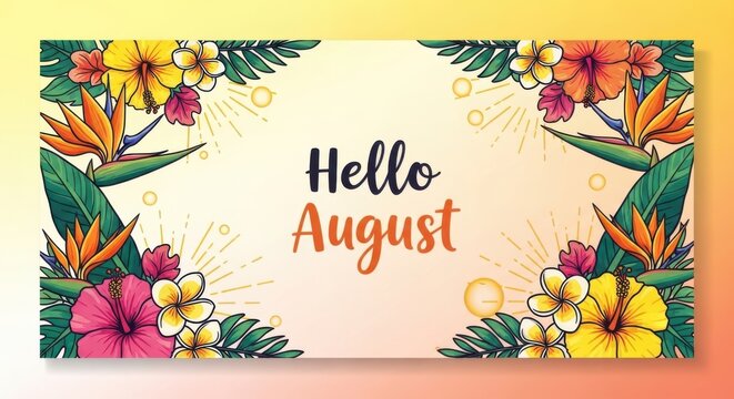 Vibrant 'Hello August' Banner Featuring Lush Tropical Flowers, Exotic Leaves, and Bright Summer Greeting Art