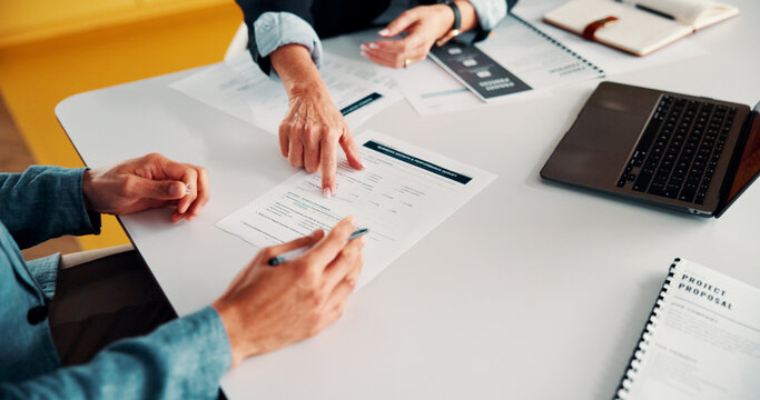Recruitment, hands and people with signature for contract, employment agreement and hiring process. Pointing, hr manager or candidate with onboarding document for job offer, office or form assistance