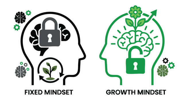 Fixed Mindset vs Growth Mindset Comparison Vector Illustration with Personal Development Concept