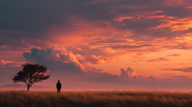 Lone man silhouetted against dramatic sunset sky with clouds over grassy field and distant mountai