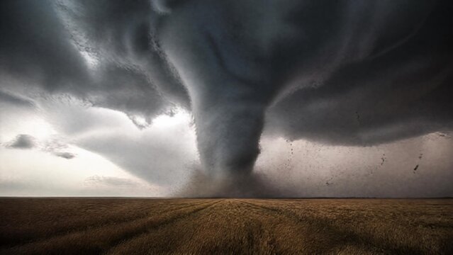 Epic aerial drone footage photograph showing a giant twister touchdown on a wheat field environment