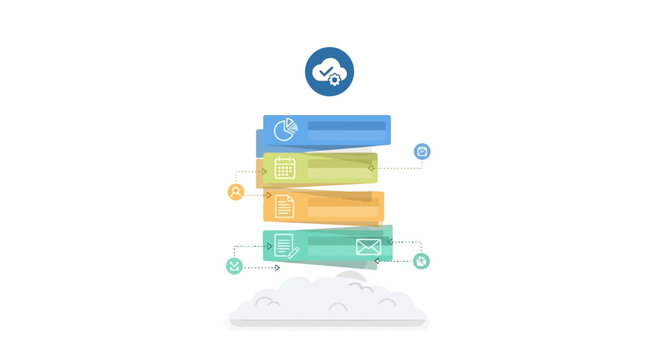 A digital infographic showing a stack of colorful business process icons