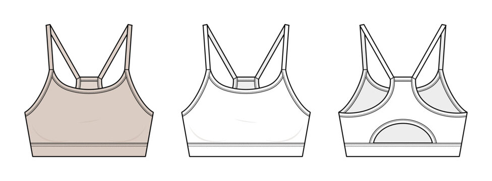 Cutout Back Sports Bra Technical Fashion Illustration. Strappy Activewear Bralette Vector Template. Front and Back View. Scoop Neckline. CAD Mockup Set.