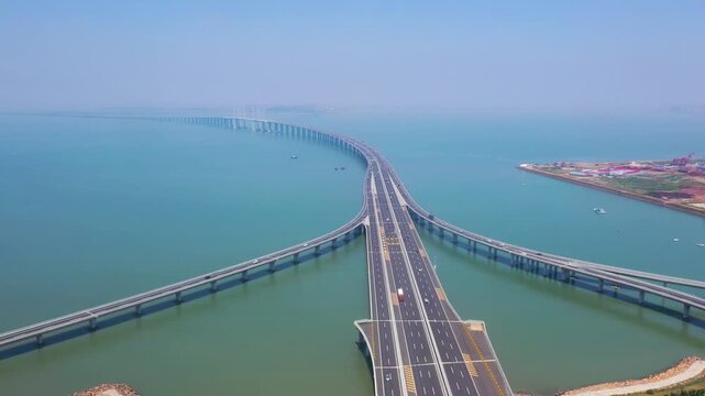 Aerial view of Hong Kong Zhuhai Macao Bridge over calm blue sea