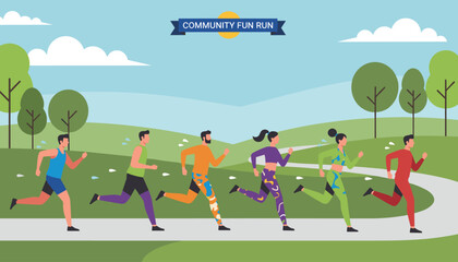 Naklejka premium Group of diverse active people participating in a community fun run through a beautiful park with a winding path on a sunny day.