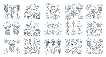 Fototapeta premium Collection of hand drawn marine life and nautical icons including jellyfish octopuses seashells and ship anchors in a grid.