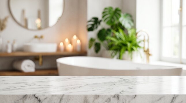 Empty white marble tabletop with blurred background of a luxury bathroom with monstera plant