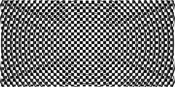 Abstract checkered pattern with concentric circles and wavy lines
