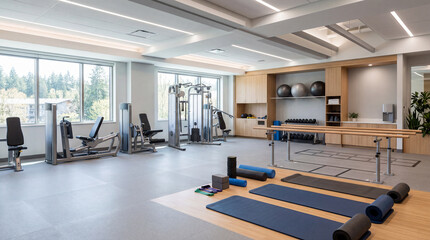 Fototapeta premium Modern interior of state of the art physical therapy gym equipped with unbranded resistance machines