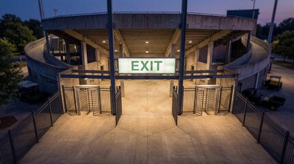 Fototapeta premium Overhead panoramic view of a stadium gate with prominent Exit sign glowing softly in dark