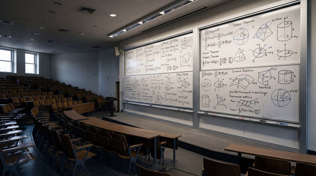Complex advanced calculus equations and geometric theorems covering large academic university lecture hall blackboard backdrop
