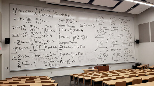 Advanced mathematical calculus formulas and complex geometry theorems written across large university lecture blackboard surface