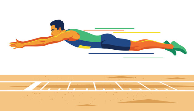 Professional male athlete performing a long jump over a sandpit with great speed and motion to represent track and field events.