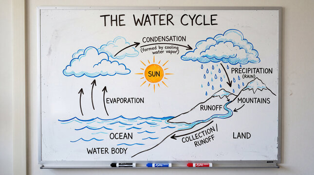 Creative hand drawn sketch illustrating earth water cycle process including evaporation condensation precipitation phases diagram