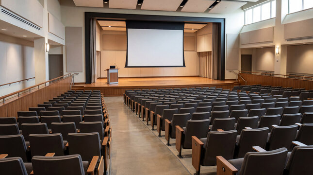 A pristine corporate auditorium or lecture hall within the facility set up for a presentation