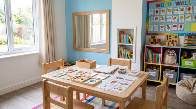 Bright modern medical speech therapy room setup featuring large wall mirror and generic educational flashcards
