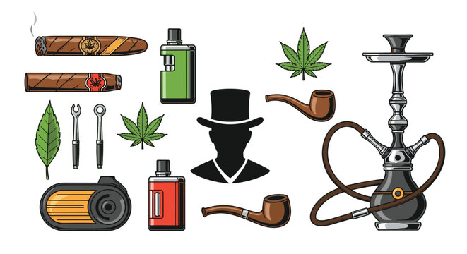 Collection of smoking and vaping equipment icons including cigars pipes e-cigarettes hookah and cannabis leaves in a set.