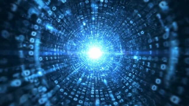 A seamless looping digital vortex tunnel made of glowing blue data streams