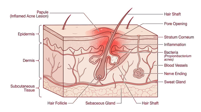 Diagram of inflamed acne lesion in human skin cross-section with labels