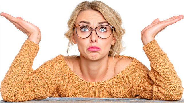 Confused young woman with glasses shrugging shoulders against white background confused portrait