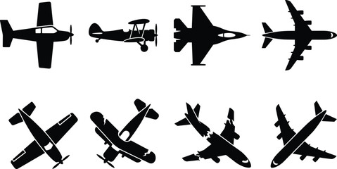 Aircraft Silhouette Vector Set Featuring Military Jet Airliner and Vintage Biplane © allustra
