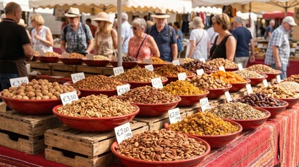 Fototapeta premium Assorted nuts and dried fruits displayed in red bowls at an outdoor street market
