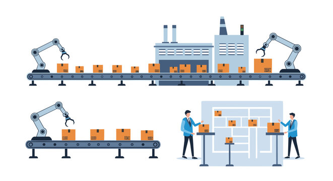 Illustration of a modern automated factory with conveyor belts, robotic arms, and workers managing the packaging process.